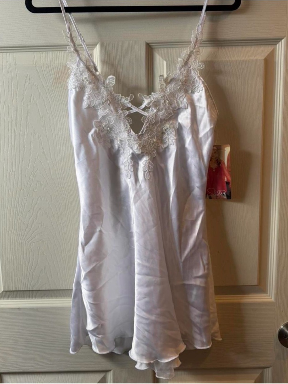 Shirley of Hollywood Ivory Satin Chemise with Floral Lace